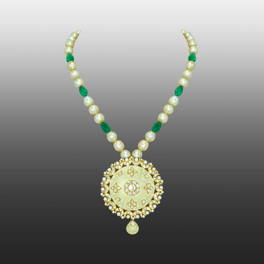 Ivory-Mint Enamel Pendant Necklace with Pearls and Emeralds